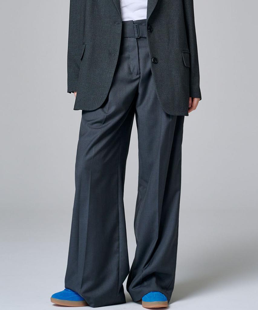MALOUPE 2155 Single-Pleat Belted Wide Pants (Dark Gray)