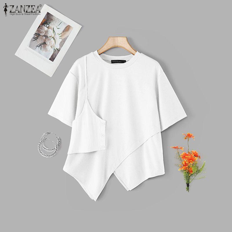 ZANZEA Women Casual Round Neck Summer Short Sleeve Irregular Blouse