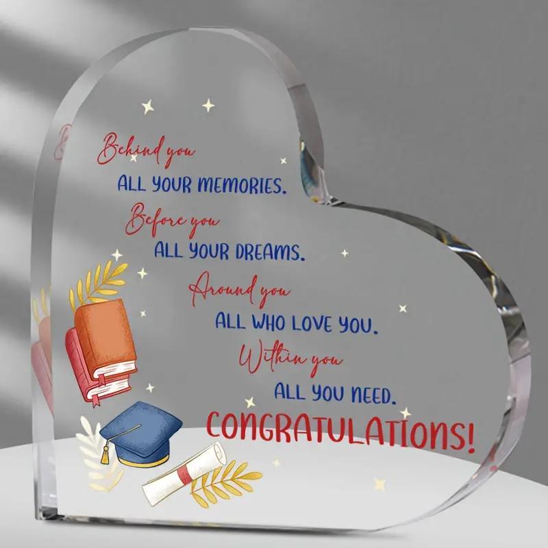 

Heart-Shaped Graduation Acrylic Decoration with Inspirational Quote - Clear Transparent Desktop Decor, Graduation Party Supplies, Home & Office Decor, 9.7*9.7cm