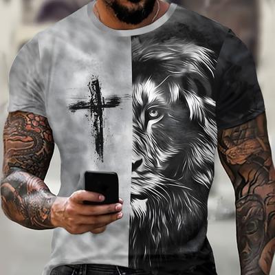 Herren-T-Shirt mit 3D-Kreuz- und Löwen-Print für den Sommer, kurzärmlig, lässiges Grafik-T-Shirt für den Alltag