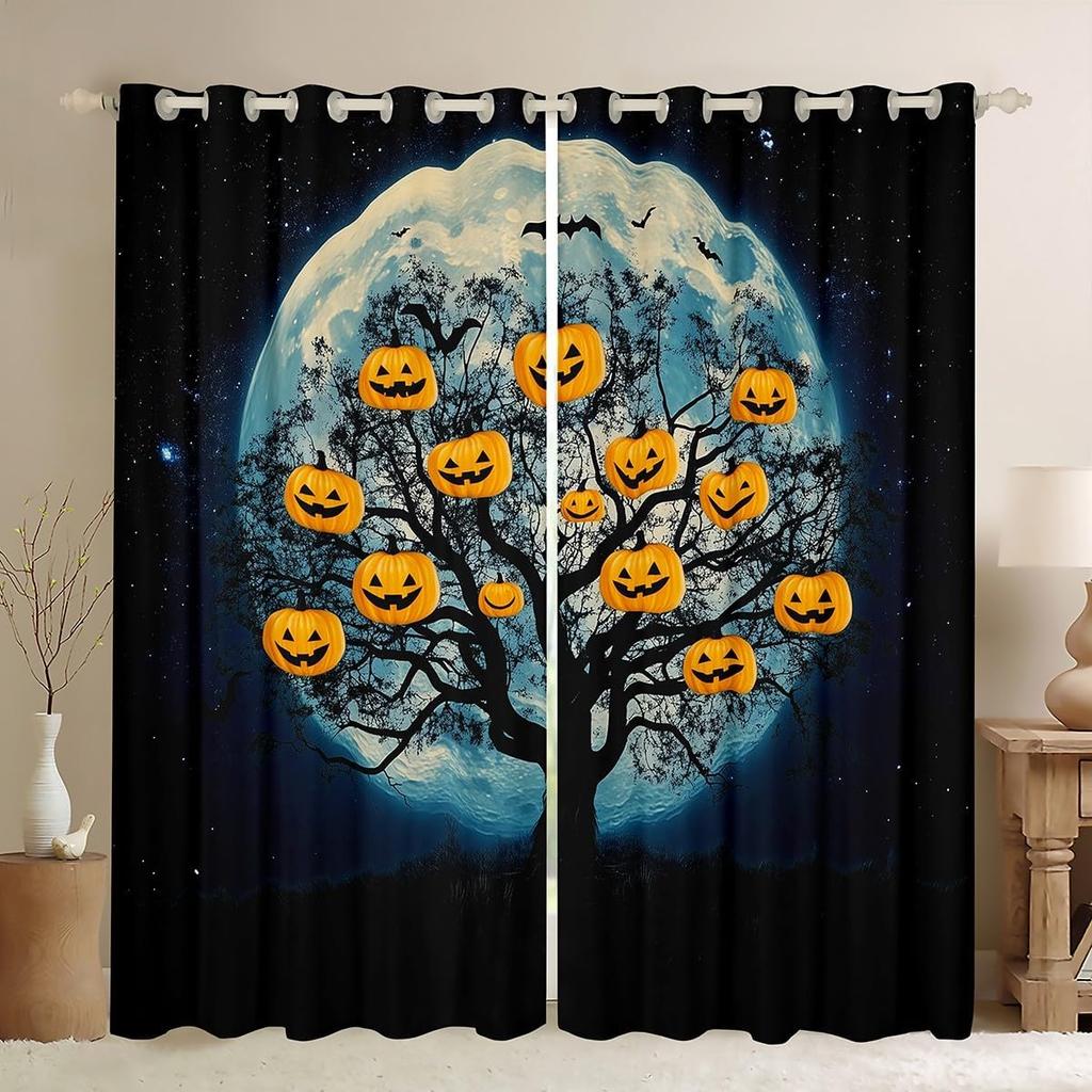 Happy Halloween Curtain Pumpkin Curtains Trick Treat Gothic Night Drapes Horror Cartoon Window Room Darkening Made Of Polyester