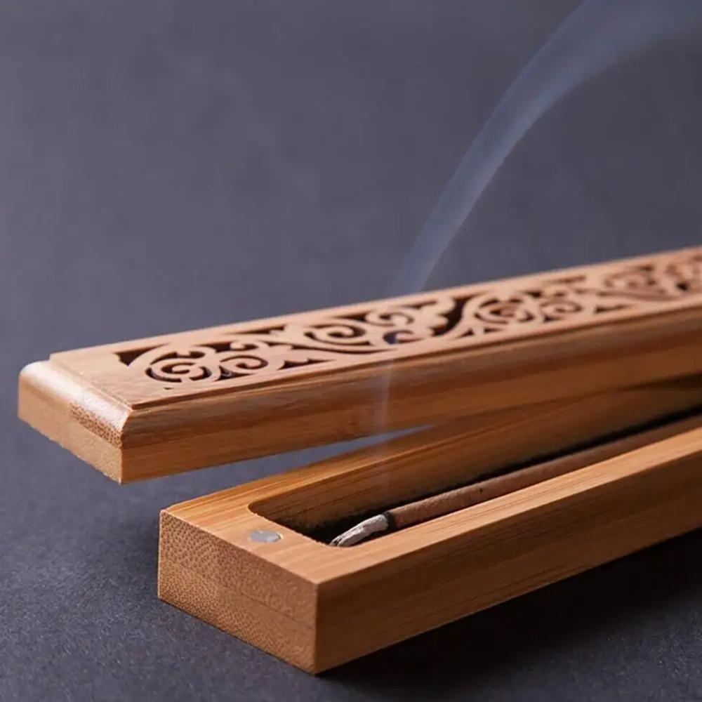Natürlicher Bambus-Räucherkegelhalter mit Ablageplatte Aromatherapie Holzbox zur Räucherkegelaufbewahrung Brennende ausgehöhlte Linien-Räucherkegelbox