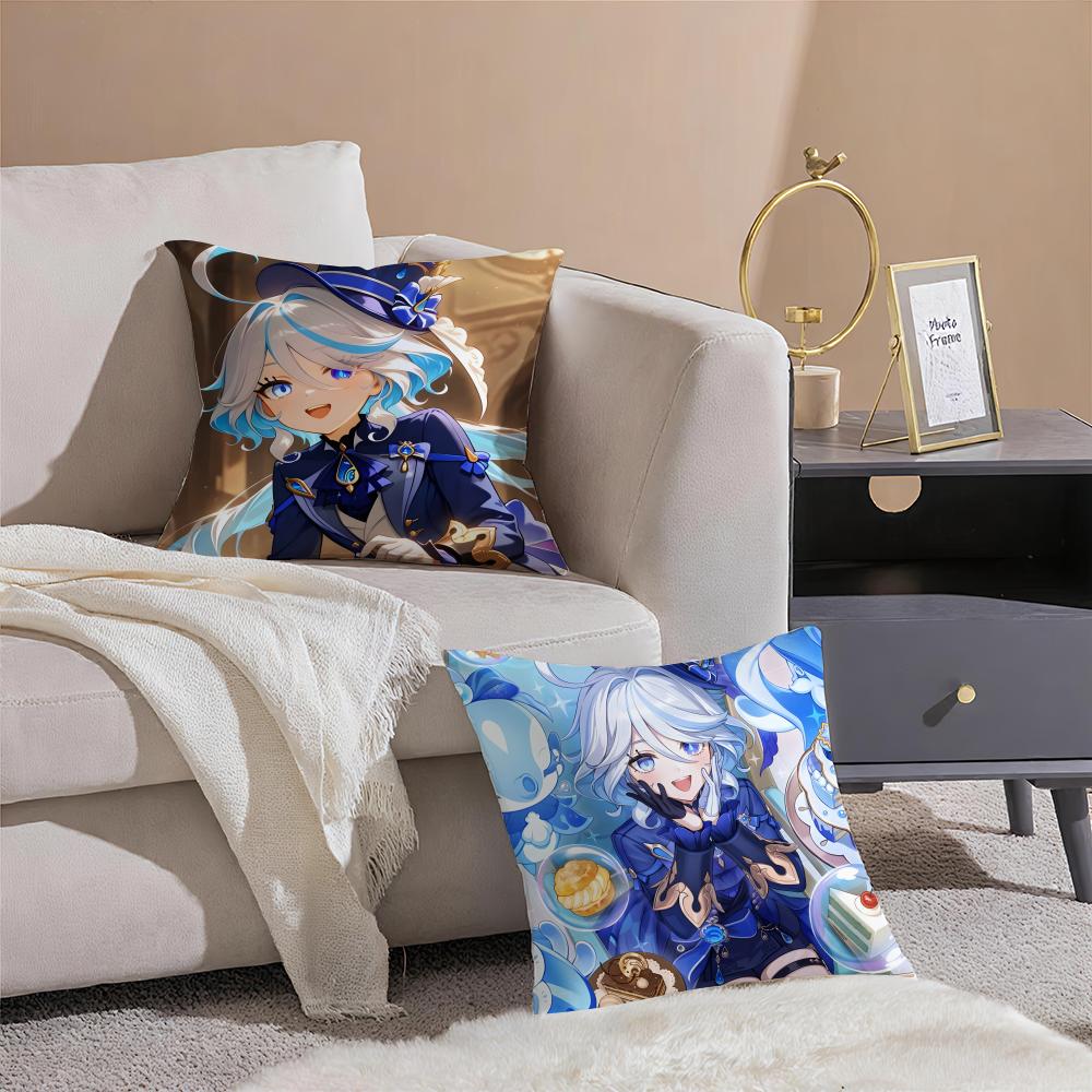 PProject Genshin Impact FFurina Icon Cushion Cover Pillowcase Short Plush Invisible Zipper Room Sofa Cushion Cover
