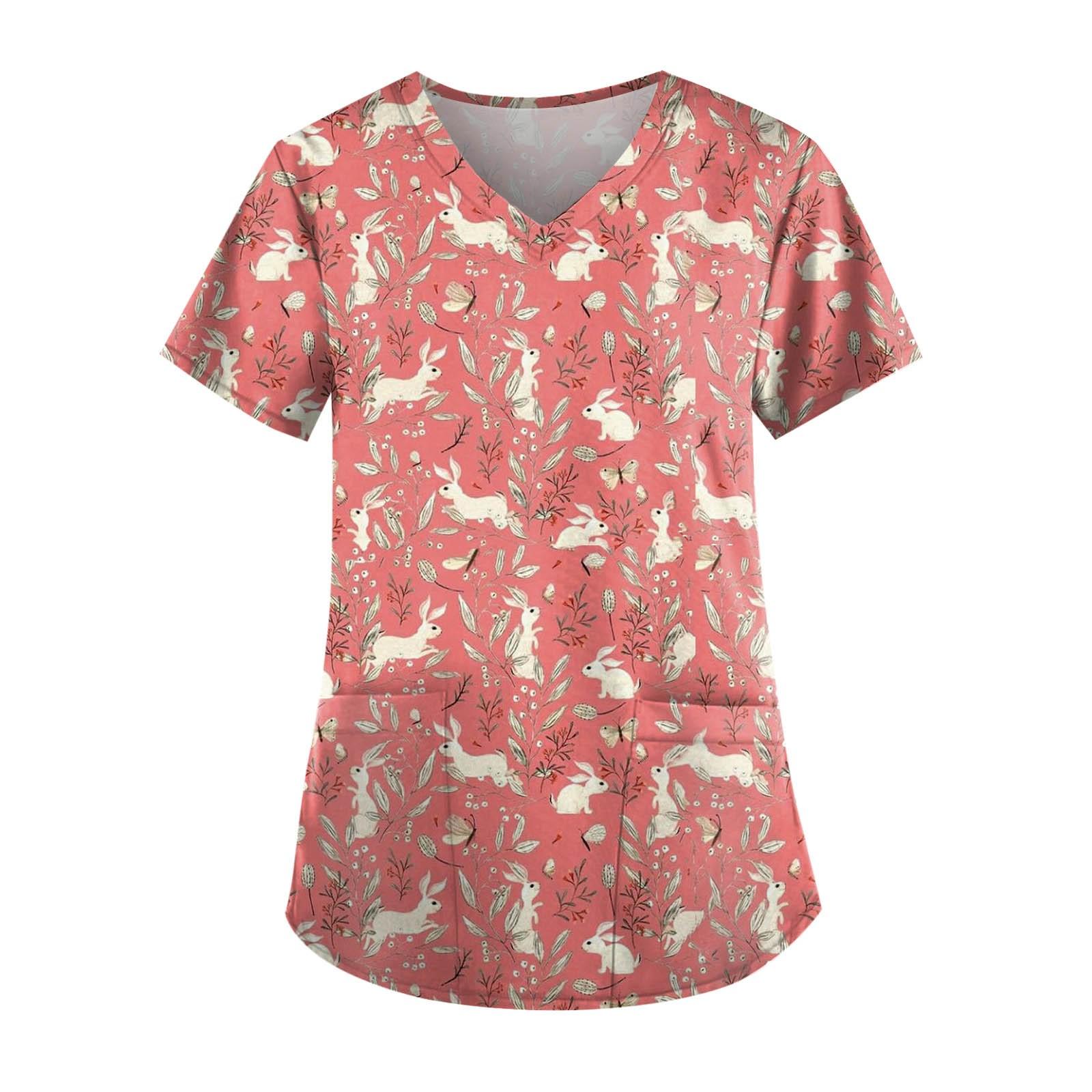 

(SU)Женский топ с карманами и карманами с пасхальным принтом и v-образным вырезом с короткими рукавами