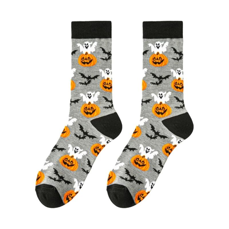 Halloween Themed Cotton Socks Elastic Cuffs Breathable Fabric Practical Wear Festive Ghosty Pumpkin Patterns