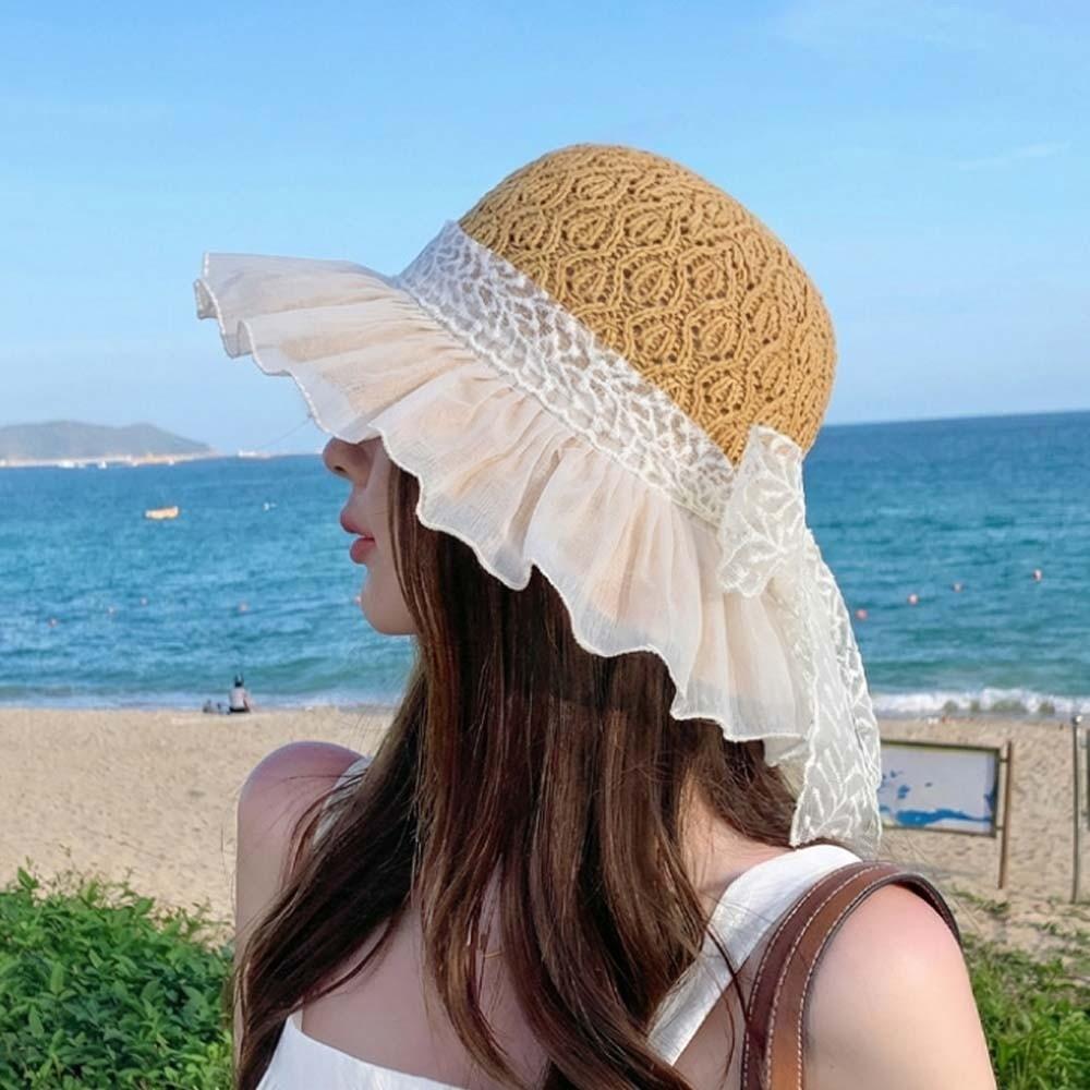 Breathable Vacation Beach Cap Lightweight Woven Sun Cap Wide Brimmed Straw Hat  Spring / Summer