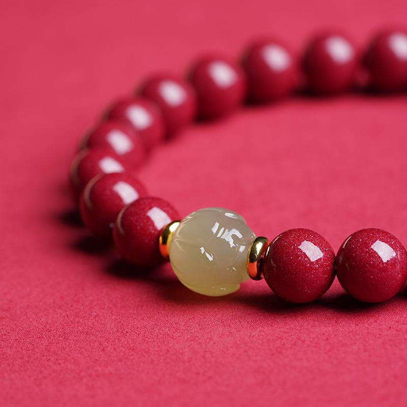 Natürliches Authentisches Zinnoberarmband für das Sternzeichen Drache, Hetian Jade Lotusperlenarmband für Männer und Frauen, Glücksperlen-Geschenk