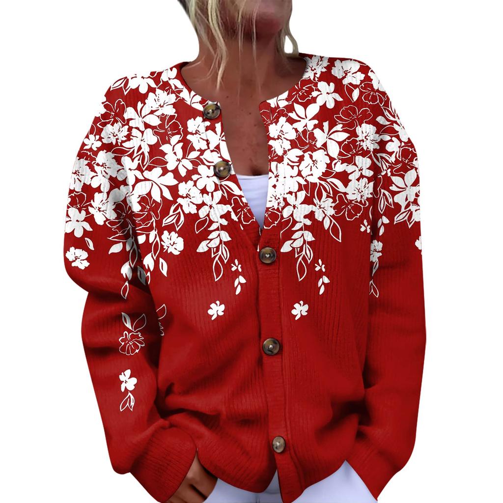 Women's Fashion Christmas Printed Long Sleeve Knitted Cardigan Button Down Jacket