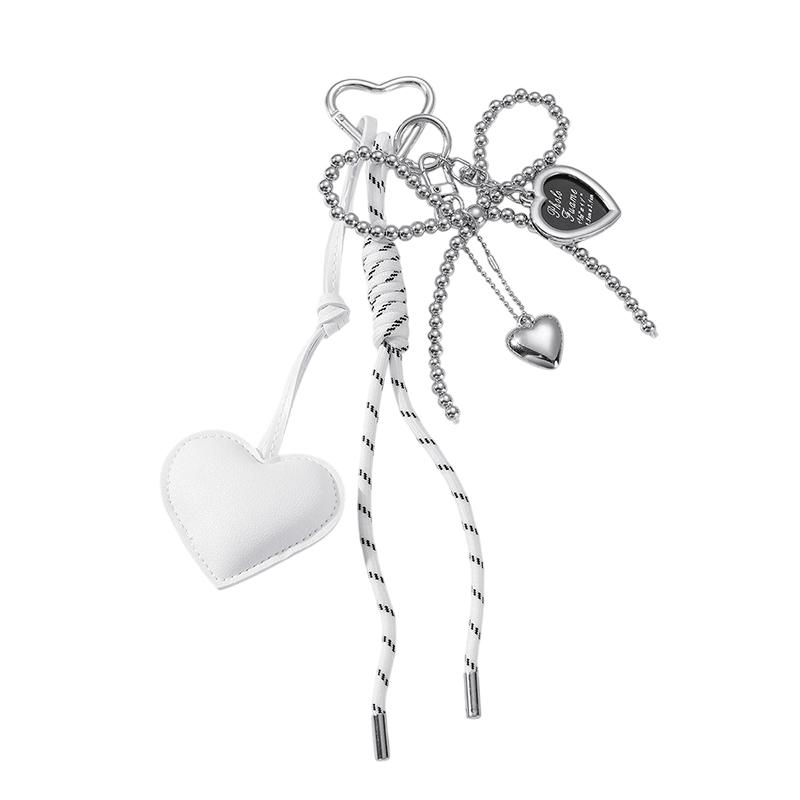 Korean Trendy Leather Heart Bow Keychain Delicate Beaded Keyring Car Key Holder Bag Pendant Decoration For Girls Gift
