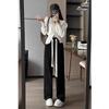 Women's Trendy High-Waist Black Drawstring Wide-Leg Trousers for Spring & Autumn