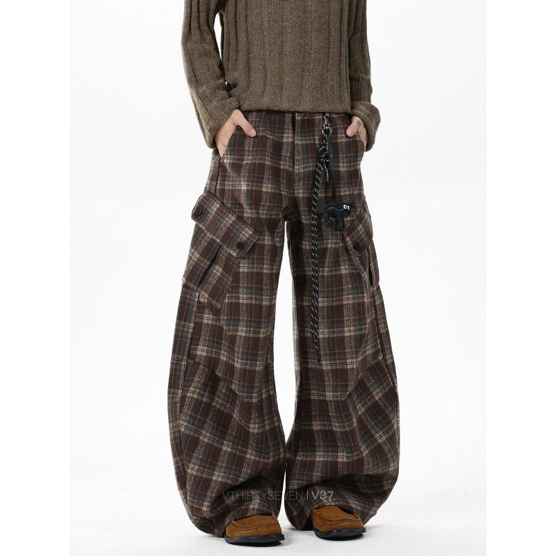 Unisex Vintage Plaid Cargo Pants Loose