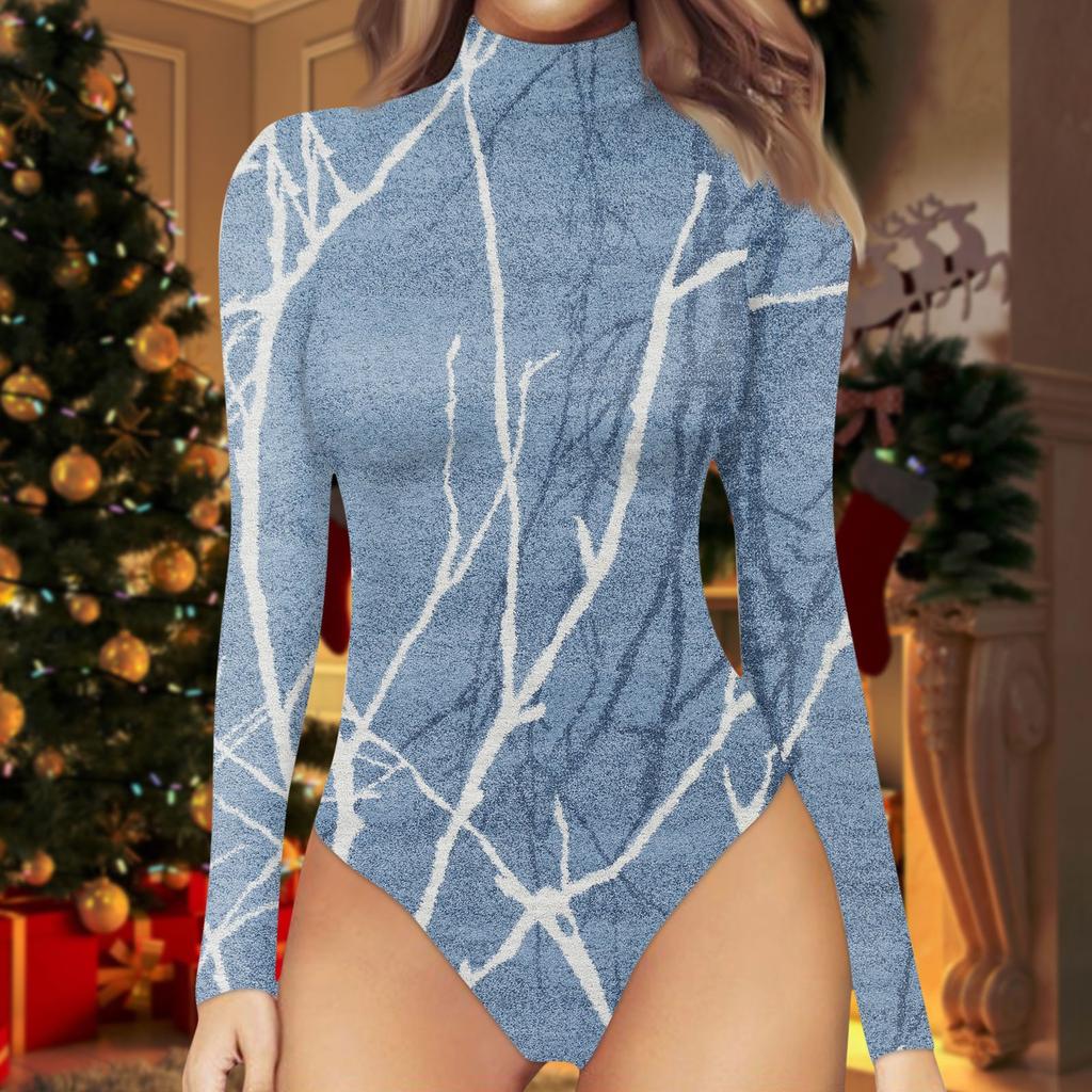 Women's Fall And Winter One-piece T-shirt Slim Long Sleeve Half High Neck Vintage Printed Bodysuit Tops