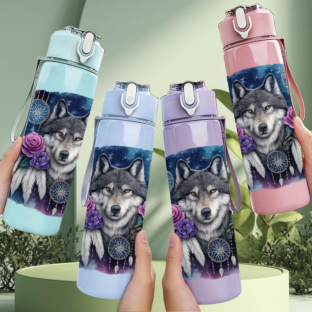 1pz Corona Floreale Lupo Ritratto Oscuro 750ml Plastica Colorata Borraccia Sportiva Tappo a Vite Anti-perdita con Cannuccia Pieghevole Adatta per Sport Ufficio Uso Domestico