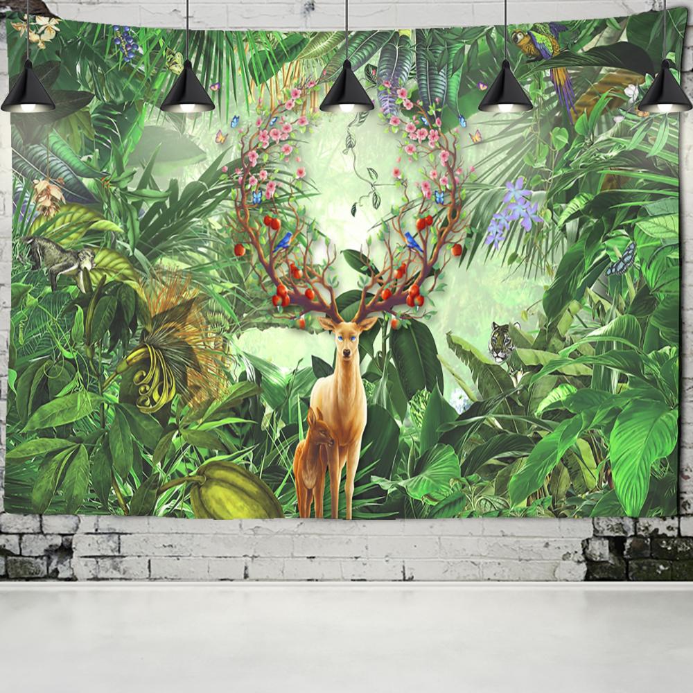 Colorful Cartoon Elk Forest Tapestry Wall Hanging Psychedelic Witchcraft Hippie Nature Scenery Home Decor Background Cloth