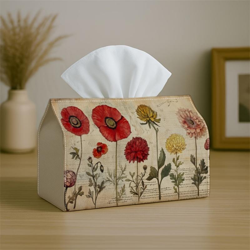 1pc Vintage Botanical Sketch Tissue Box | Poppy Flower Paper Red-Fabric Napkin Storage Organizer for Kitchen, Car, Elegant Decorative Box, Purpose for