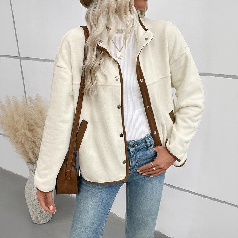 Color Block Fleece-Lined Stand Collar Women's Cardigan - 2025 Autumn/Winter Collection