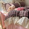 French Retro Plaid Cotton Washed Cotton, Pure Cotton Embroidered Lace Edge Quilt Cover Girl Heart Princess Bed Skirt