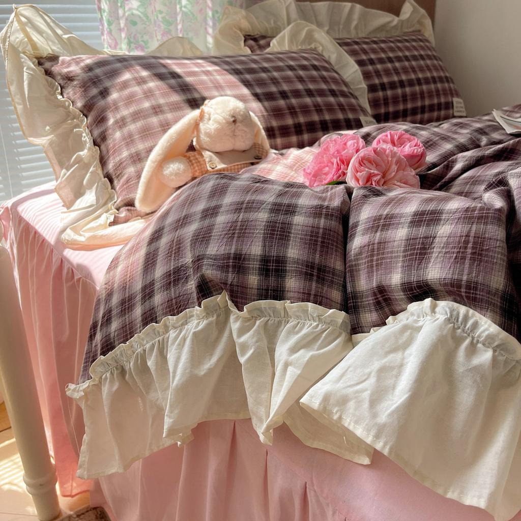 French Retro Plaid Cotton Washed Cotton, Pure Cotton Embroidered Lace Edge Quilt Cover Girl Heart Princess Bed Skirt