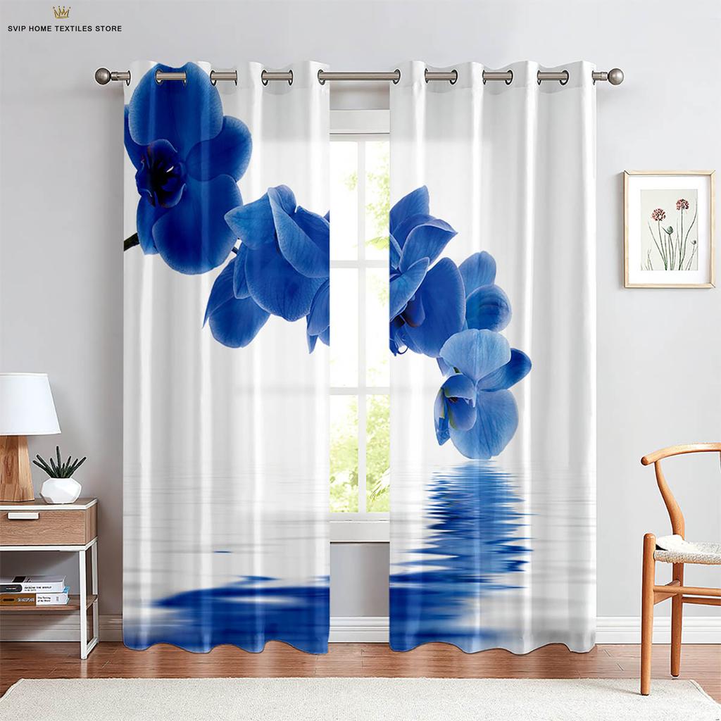 3D Printing Polyester Decorative Curtain, Floral Butterfly On Water, Machine Washable, Bedroom, Living Room, Kitchen, 2Pcs