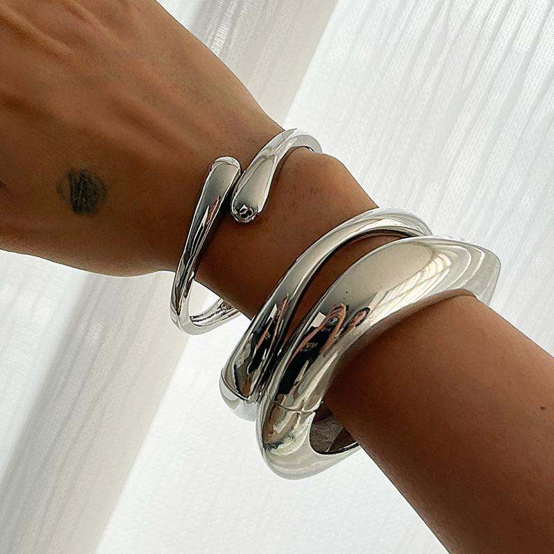 3 Styles Punk Vintage Wide Cuff Bangles Hip Hop Gold Silver Geometric Metal Spring Chunky Bangle Women Bracelets Jewelry