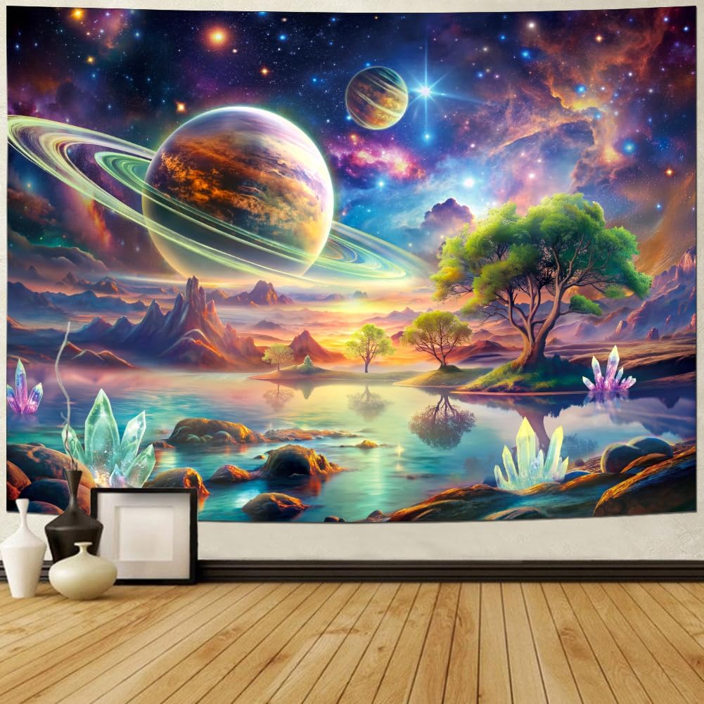 Blacklight Galaxy Space Tapestry UV Reactive Planet Wall Hanging Magical Trees Tapestries Cosmic Mountain Landscape Wall Decor Aesthetic Starry Night