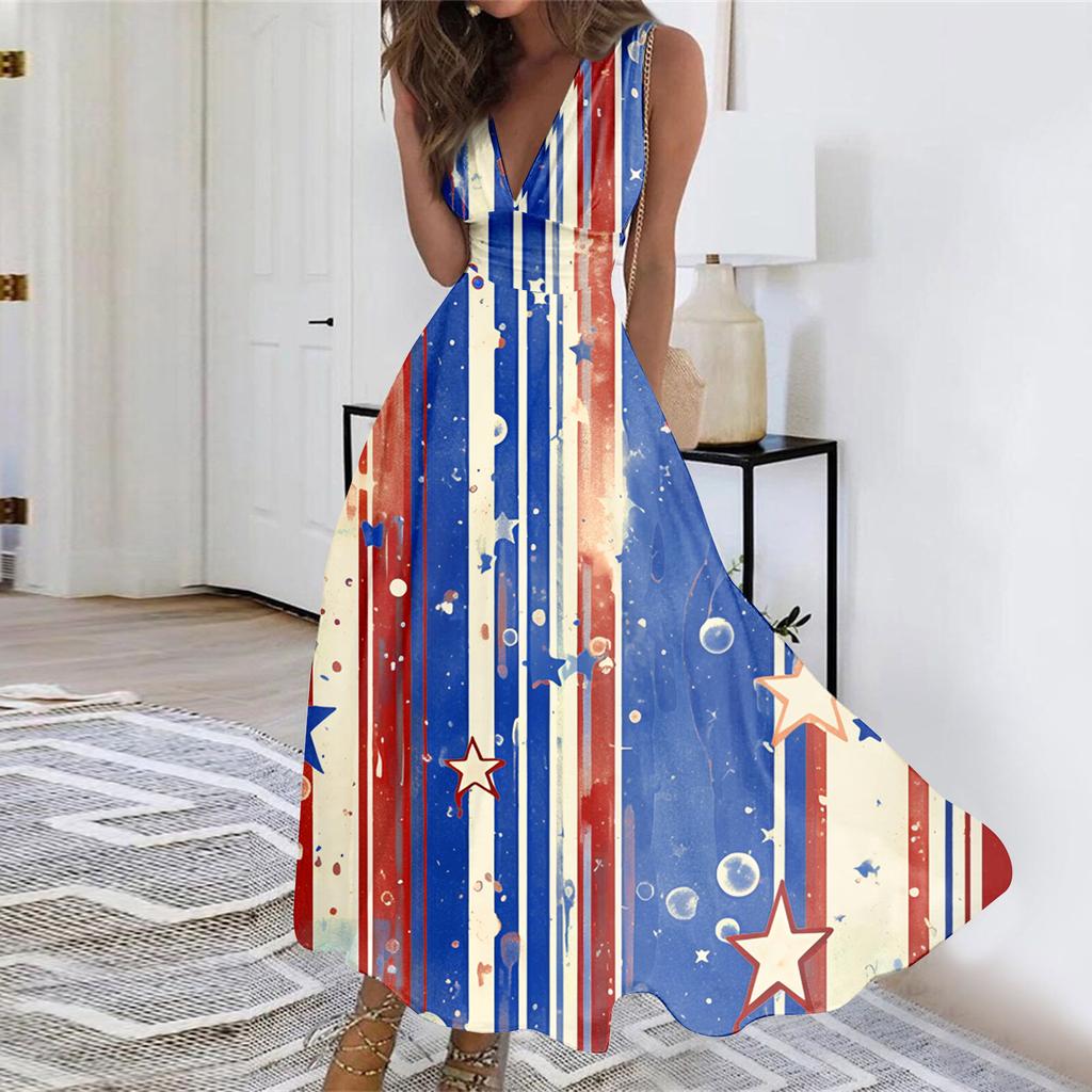 Sleeveless Maxi 4th of July Dress with Star Print Independence Day Dress for Women Casual Loose Fit Holiday Outfit