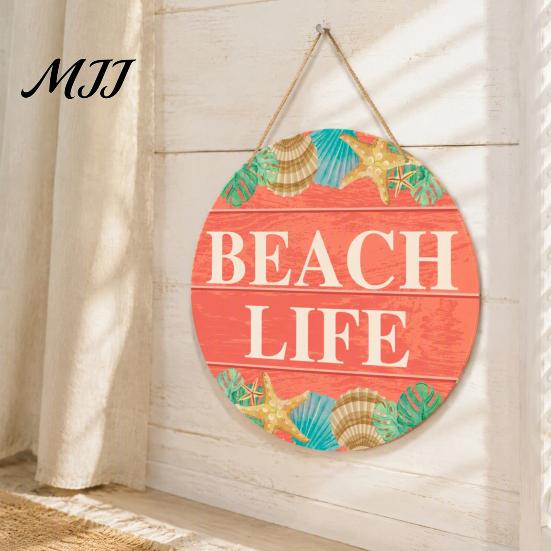 Summer Party Supplies Wooden Swim Ring Hanging Sign for Pool Decoration, Beach Theme Wall Rustic Decor Art with Hemp Rope, Double Layer Seaside