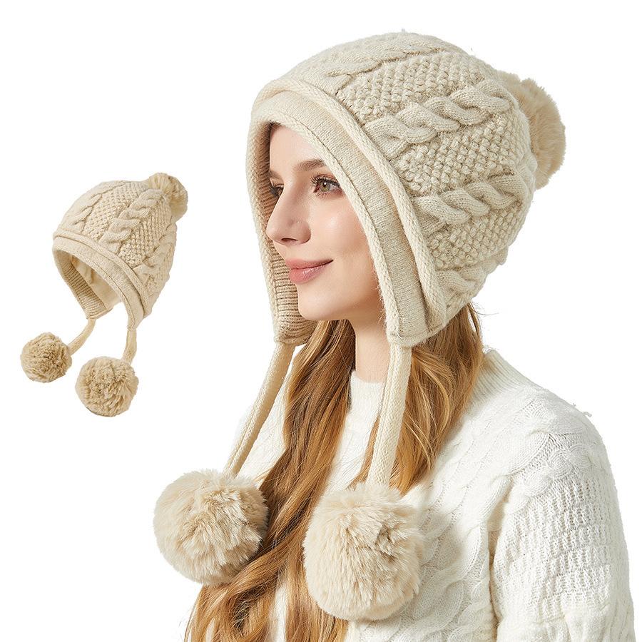 Women's Winter Thick Ear Protecting Three Hair Ball Rabbit Hair Knitted Hat Outdoor Riding Warm Hat