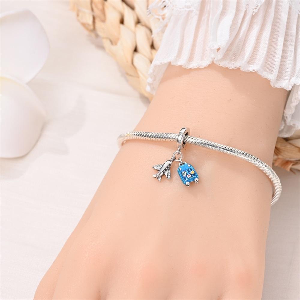 Original Copper Charms Luxury Blue Travel Case Pendant Airplane Beads Fit Bracelet Diy Women Making Delicate Gift