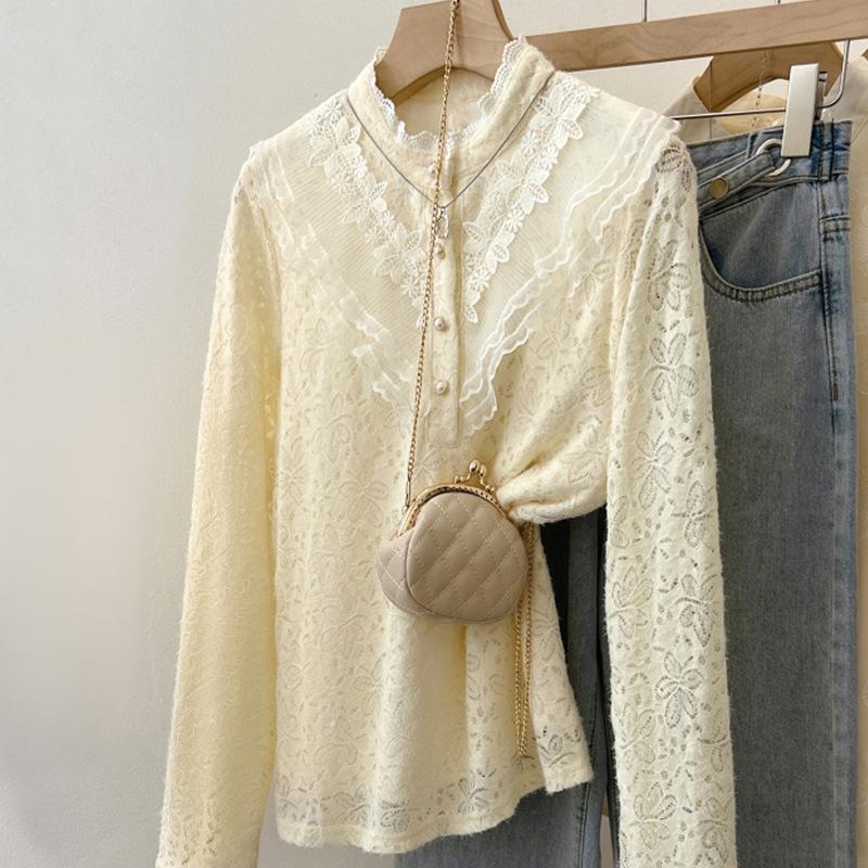 Small Stand-up Collar Lace Base Shirt for Women Long Sleeves New Autumn and Winter Ruffle Crochet Top