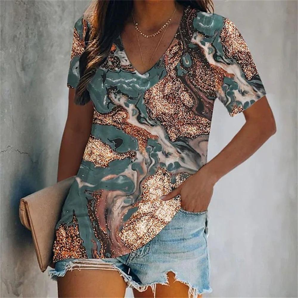 

Color Tassel Printed T-shirt Fashion Ladies Short-sleeved V-neck 2025 Summer Casual and Elegant 5XL