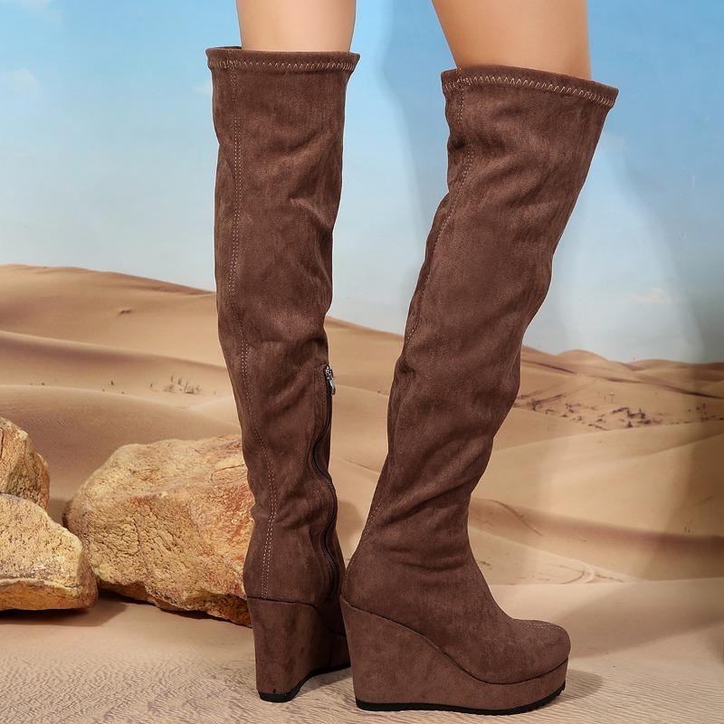 Fashion Women's High Boots 2024 Trend Suede High Heels Autumn Winter New Platform Wedges Chelsea Boots Female Chunky Over The Knee Boot