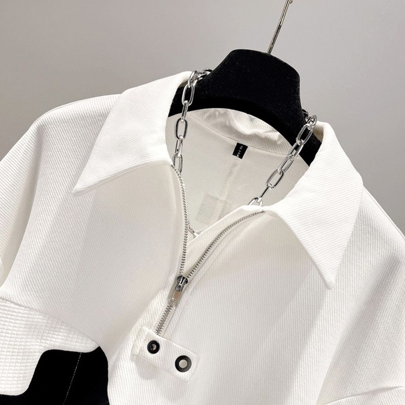 PoLo-Kragen Farbblock-Spleißpullover Damen Herbst Koreanische Version Locker Kurzer Abschnitt Locker Alles Passend Langärmlige Oberteile