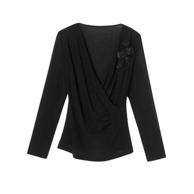 Cross V-neck Mesh T-shirt for Women's Autumn Clothes New Black Lace Top Fashionable and Fashionable Inner Base Shirt