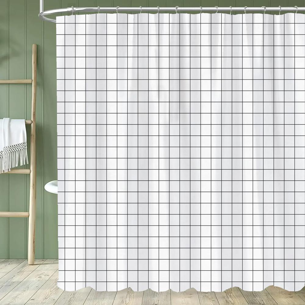 Black and White Plaid Pattern Shower Curtain Abstract Bohemian Fabric Shower Curtain with Hooks Waterproof Bathroom Decoration
