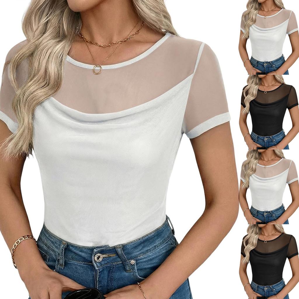 Dámské síťované průhledné košile Ležérní topy s kulatým výstřihem a krátkým rukávem