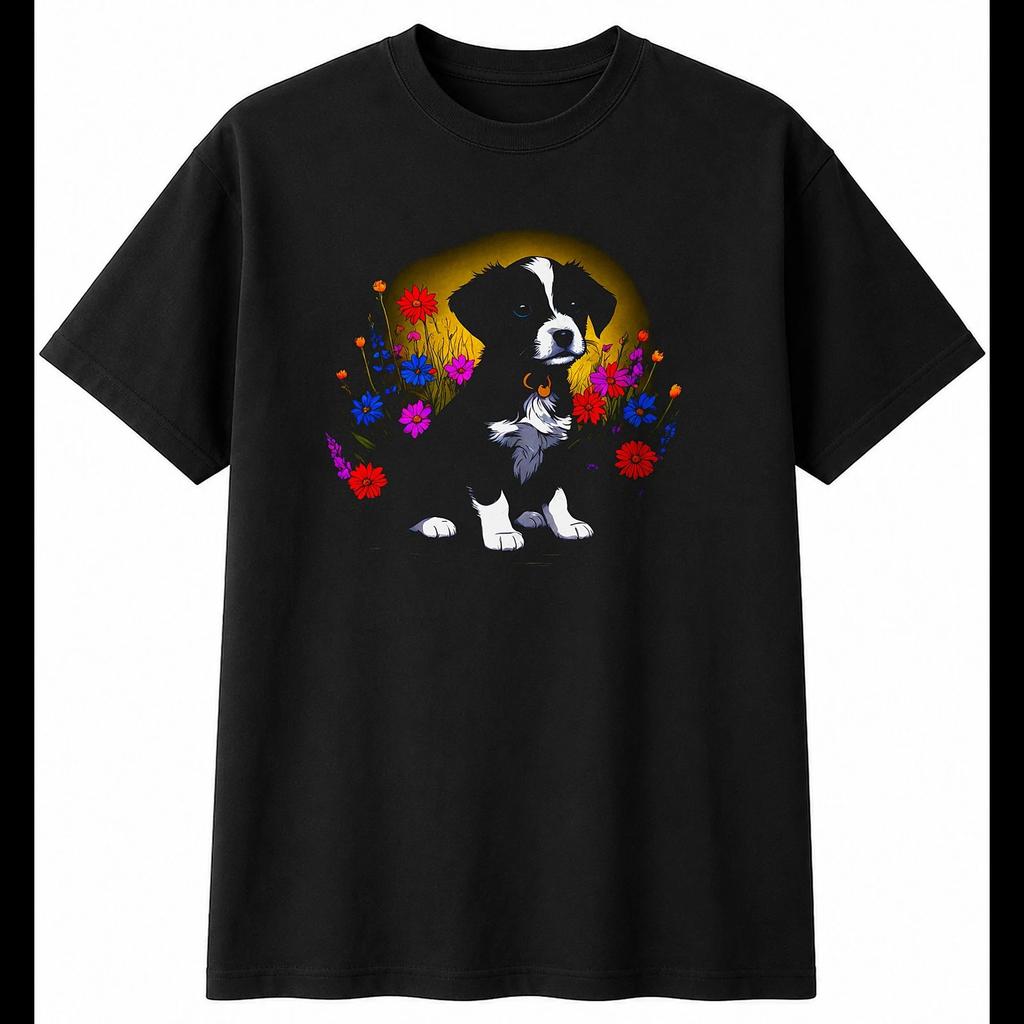 Detailed Puppy Dog Mens T-Shirt Black 100% Cotton Cute Animal Printed Adorable