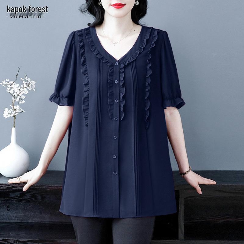 

Летняя блузка с оборками, повседневная, большого размера, шифоновая, для женщин среднего возраста 5XL (200-220 jin) королевский синий