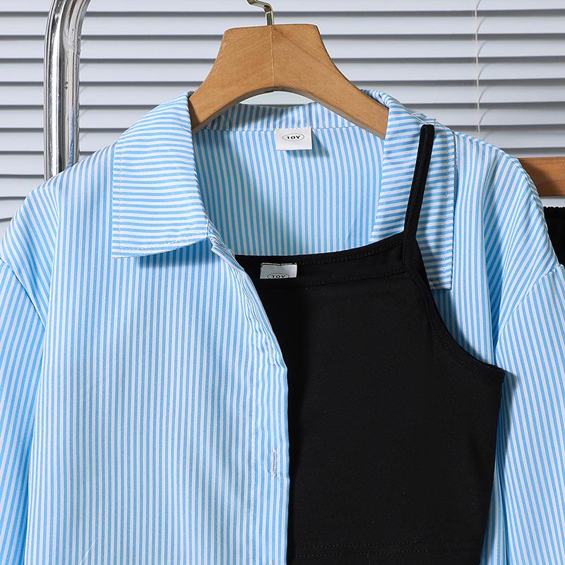 Dreiteiliges Set für Mädchen Frühjahr 2026: Gestreiftes Revershemd, Camisole, Lange Hose