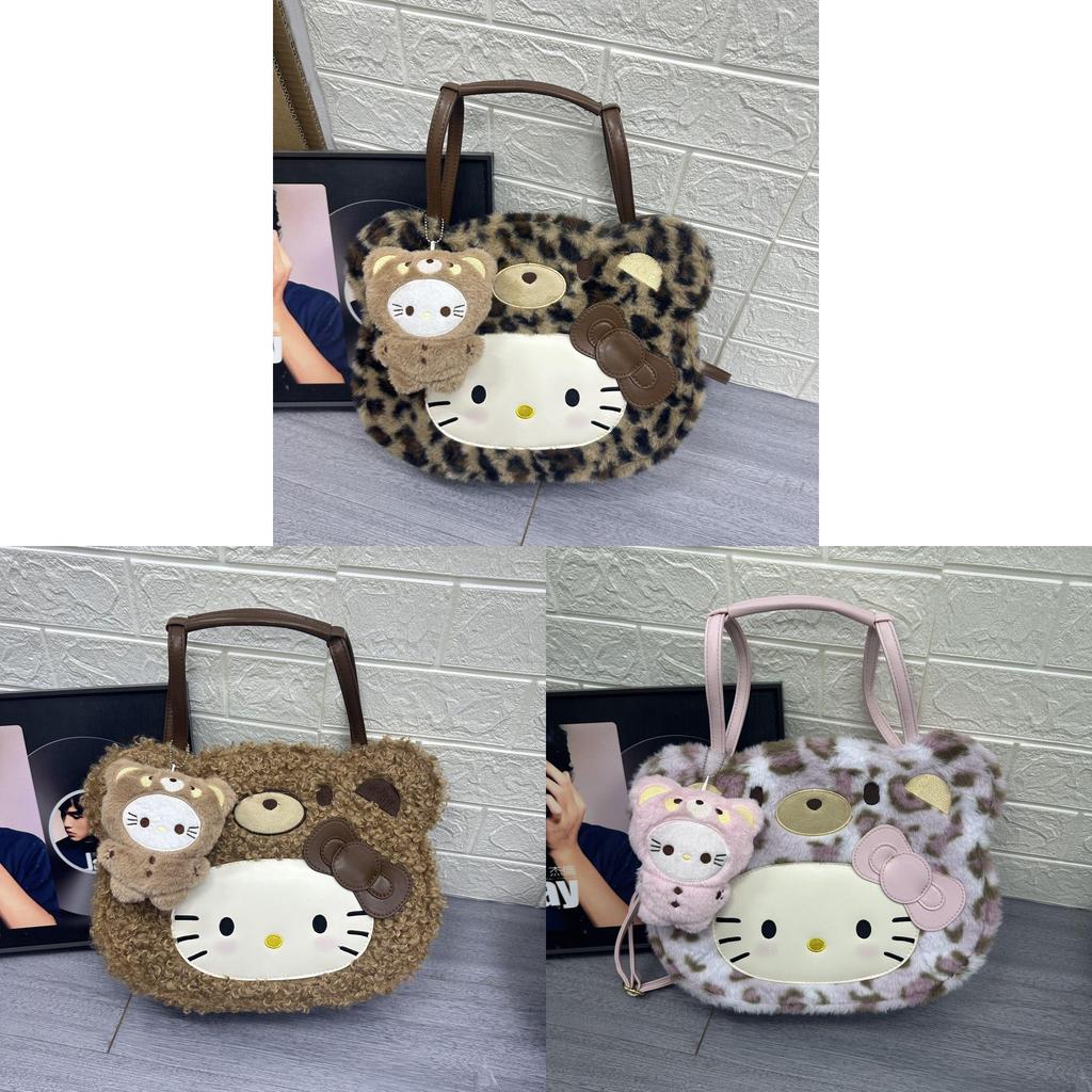 Hello Kitty Leopard Pattern Shoulder Bag With Plush Cartoon Design For Casual Daily Use