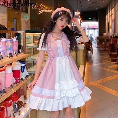 Japońskie letnie kobiety Lolita Style Dress Hollow Out Sweet Dress Ruffles Słodkie Kawaii Bow Lace Sukienki