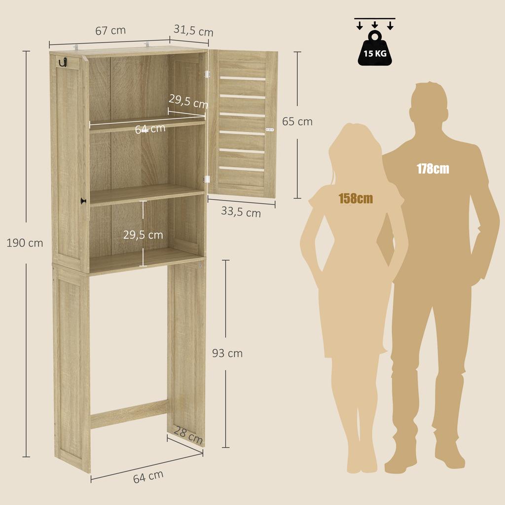 Bathroom Vanity Unit, Toilet/Washer Storage, Double Doors, Louvered, 67 x 31.5 x 190 cm, Oak