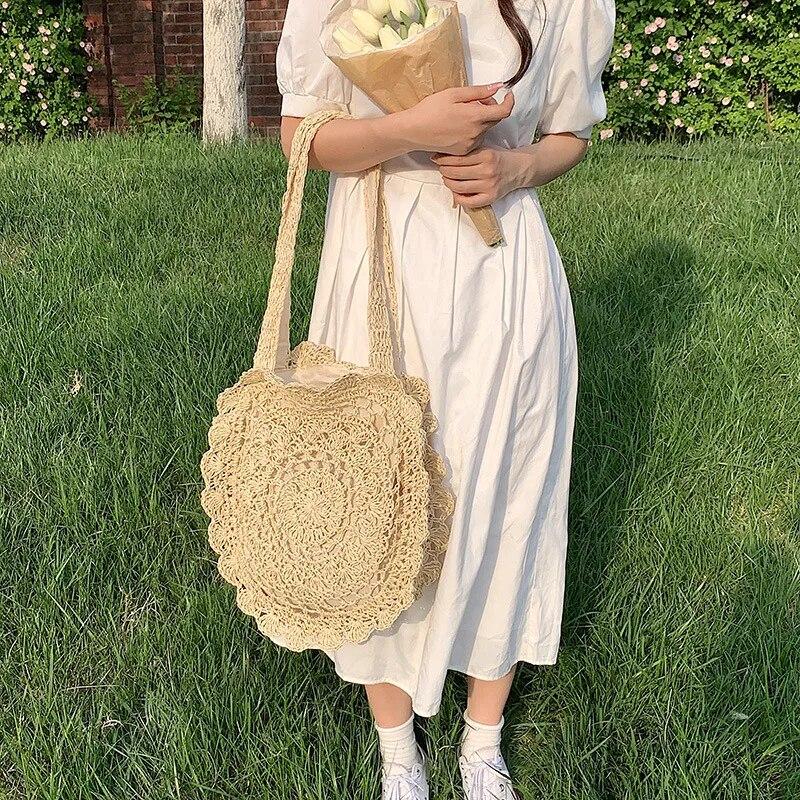 Böhmische Strohtaschen für Frauen, Kreis-Strand-Handtaschen, Sommer-Rattan-Umhängetaschen, handgefertigt, gestrickt, für Reisen, große Tragetaschen, Neu