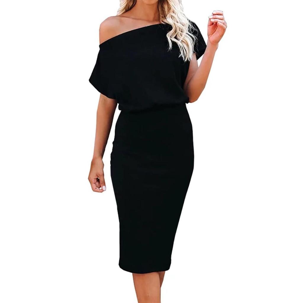 Women’s Off Shoulder Ribbed Knit Midi Dress Casual Loose Fit Short Sleeve Elegant Solid Pattern