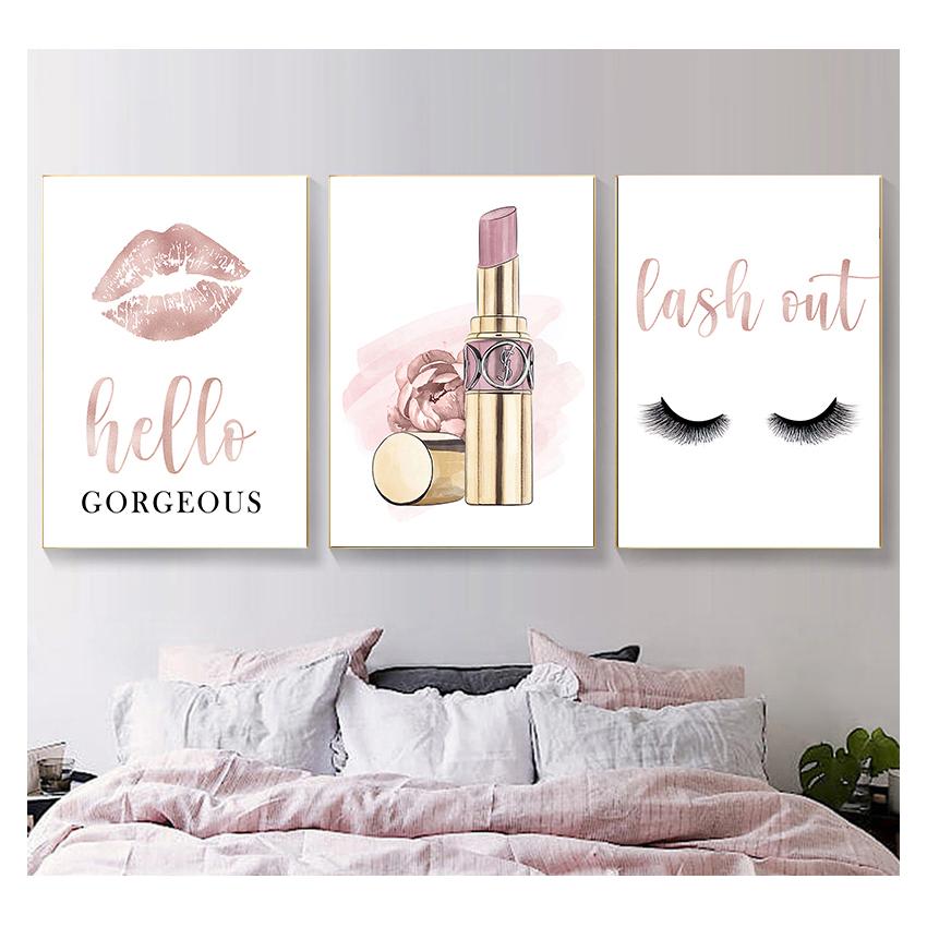 Posters and Prints Hello Gorgeous Sign Rose Gold Canvas Painting Girls Gifts Wall Art Decor Fashion Eyelashes Lipstick Makeup