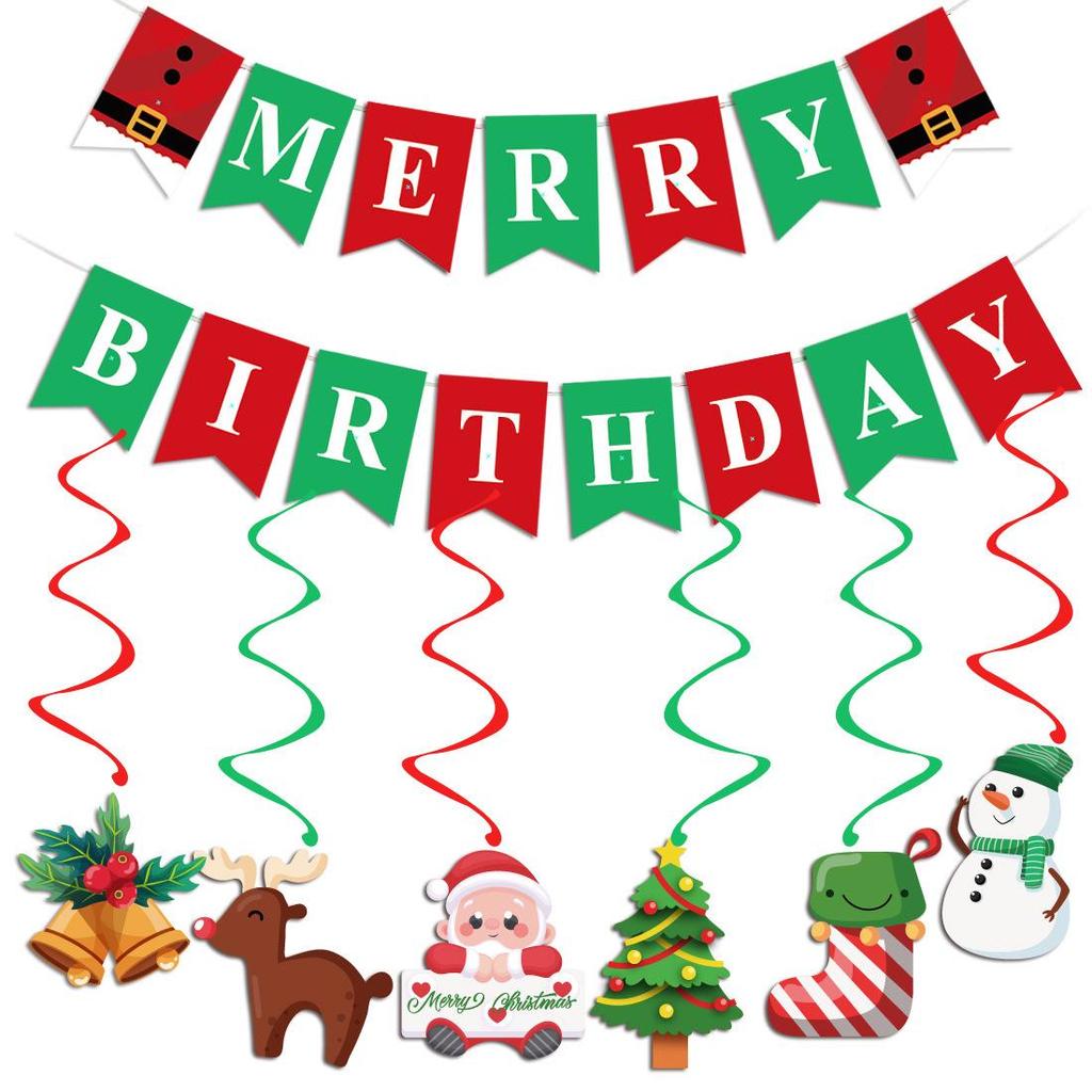 Cross-border Christmas Ornaments: Snowflake Bells, Santa Claus, Christmas Tree, Snowman Spiral Decorations, Pull Flags for Parties