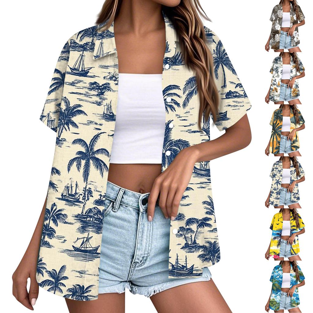 Women's Fashion Casual Short Sleeve Button Lapel Shirt Tops