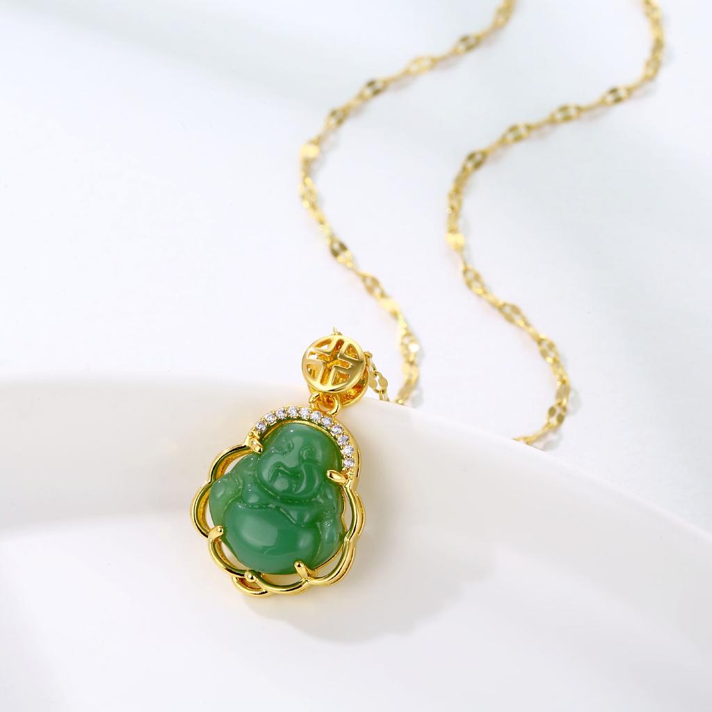 New Gold Inlaid Imitation Jade Marrow Big Belly Maitreya Buddha Fashion Necklace Copper Xiang Jewelry