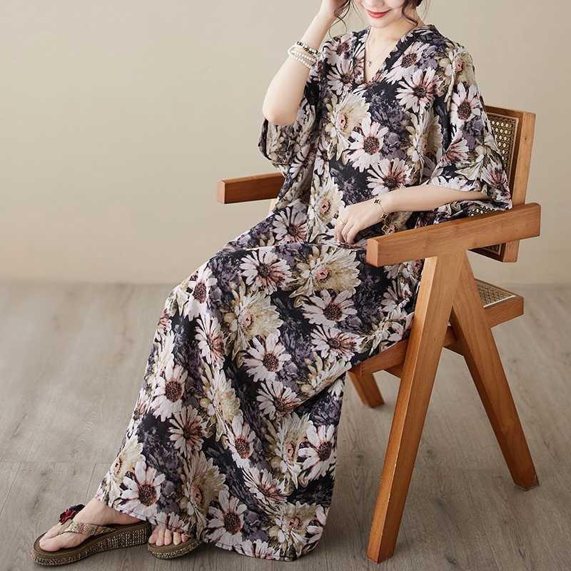 V-neck Thin Plus Size Loose Vintage Cover-up Long Dress