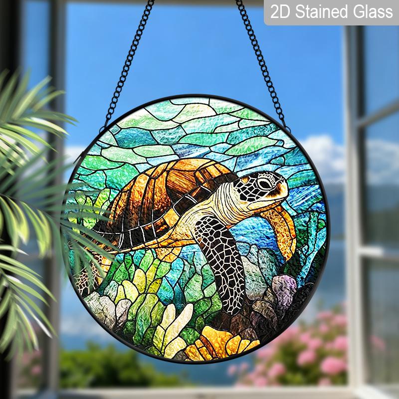 2D Flat Stained Glass Marine Themed Turtle Window Decoration, 7.87inches Colored Glass Plate with Chain, Charming Summer Sun Catcher Home Decor